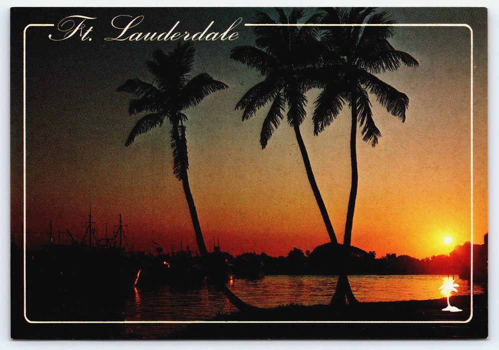 Fort Lauderdale Florida Fl Waterway Boats Palm Trees Sunset Postcard Photo