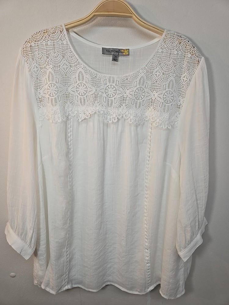 NWOT Anthropologie Fig And Flower Size 2X White Woven Blouse 3/4 Sleeve  Lined
