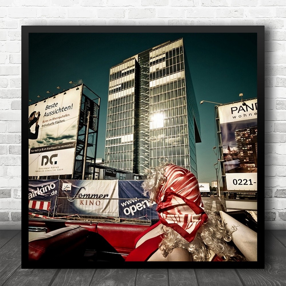 Cologne Fifties Kranhaus Dog Street Car Cityscape Humour Bright Square Art Print