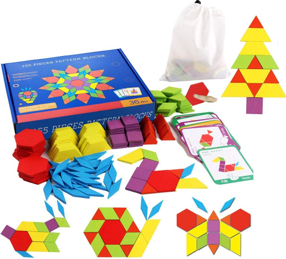 Set of 155 Wooden Pattern Blocks Geometric Manipulative Shape Puzzle Kinderga...