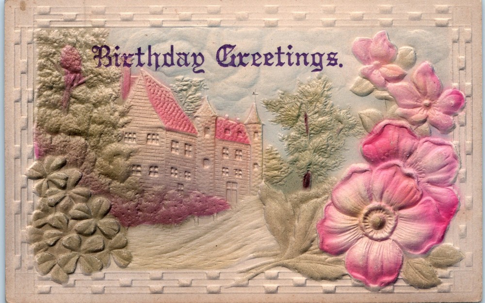 Vintage - Lovely Hand Painted Country Scene Embossed Birthday - Postcard - P12