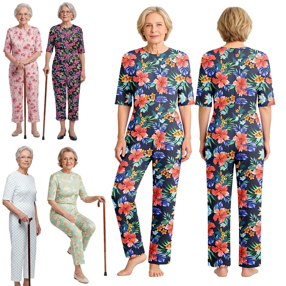 US~ Womens Dementia Adaptive Clothes Printed Short Sleeve Anti-Strip Jumpsuit