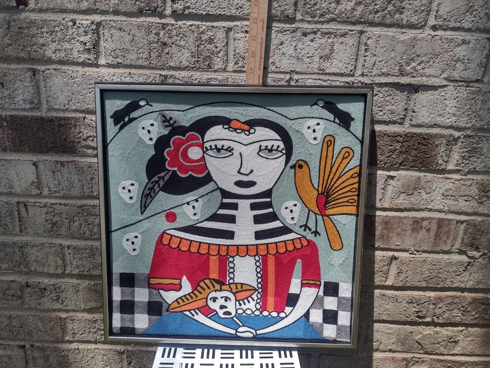 Framed Fiber Art Dia De Las Muertos Themed Frida Kahlo Inspired
