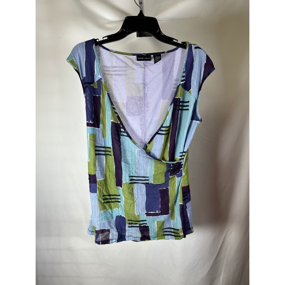 New York & Company Abstract Geometric Mesh Wrap Top Blue Green Purple Large