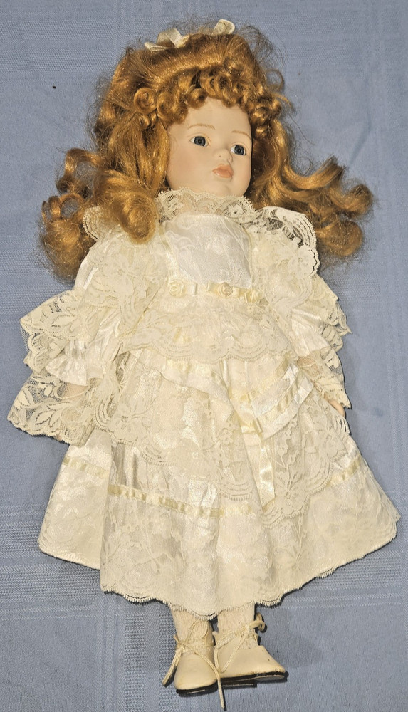 Vintage Red Curly Hair 16 In Porcelain Doll In Light yellow Lace Dress