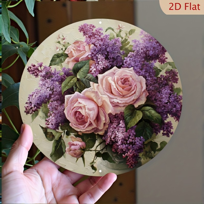 Vintage Pink Roses Purple Flowers Round Metal Sign