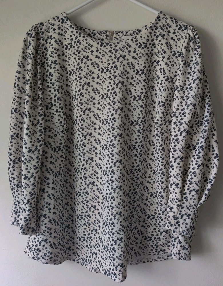 Melloday Women's White Black Geometric Print Round Neck Zip 3/4 Sleeve Blouse L