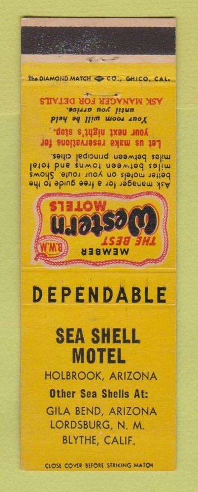 Matchbook Cover - Best Western Sea Shell Motel Holbrook AZ Gila Bend Blythe CA