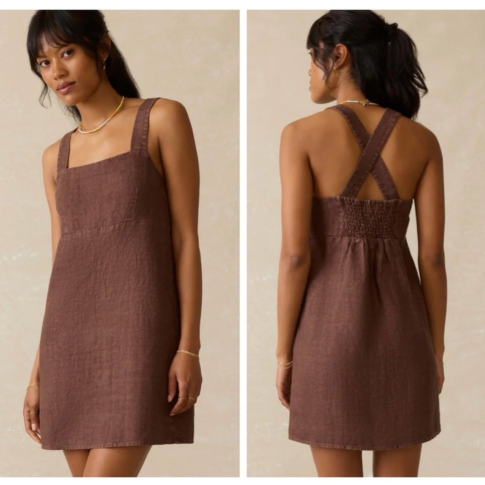 Faherty August Linen Dress Cocoa Brown Sleeveless Square Neck Dress Size XXS NEW