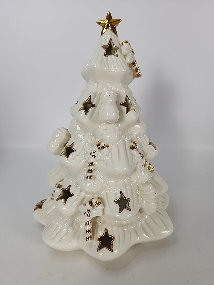 White Ceramic Christmas Tree Tealight Luminary with Gold Accents-image