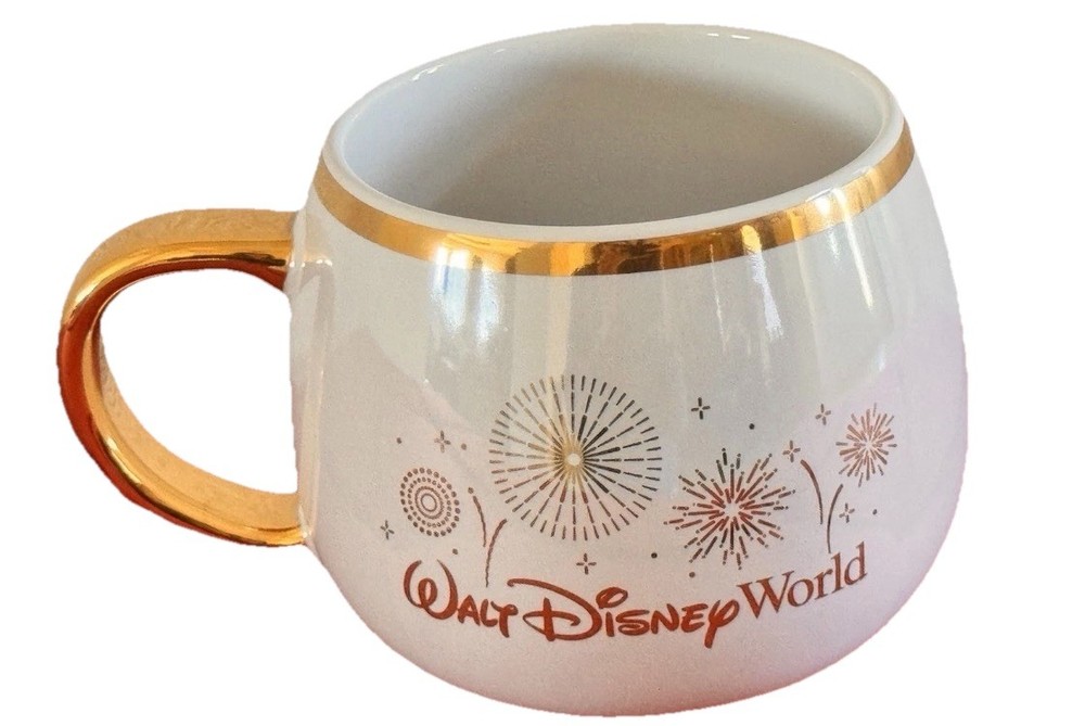 2025 Disney Parks Magic Kingdom Castle Fireworks Gold Coffee Cup Mug Pearl White