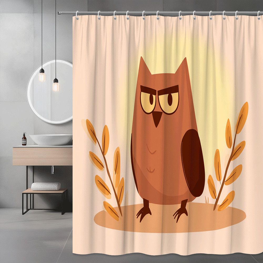 Cute Owl Shower Curtain Autumn Leaves Cartoon Print