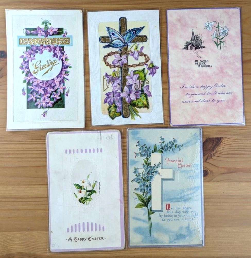 Lot of 5 Antique Embossed Laminated Illustrated Greetings/Easter Postcards