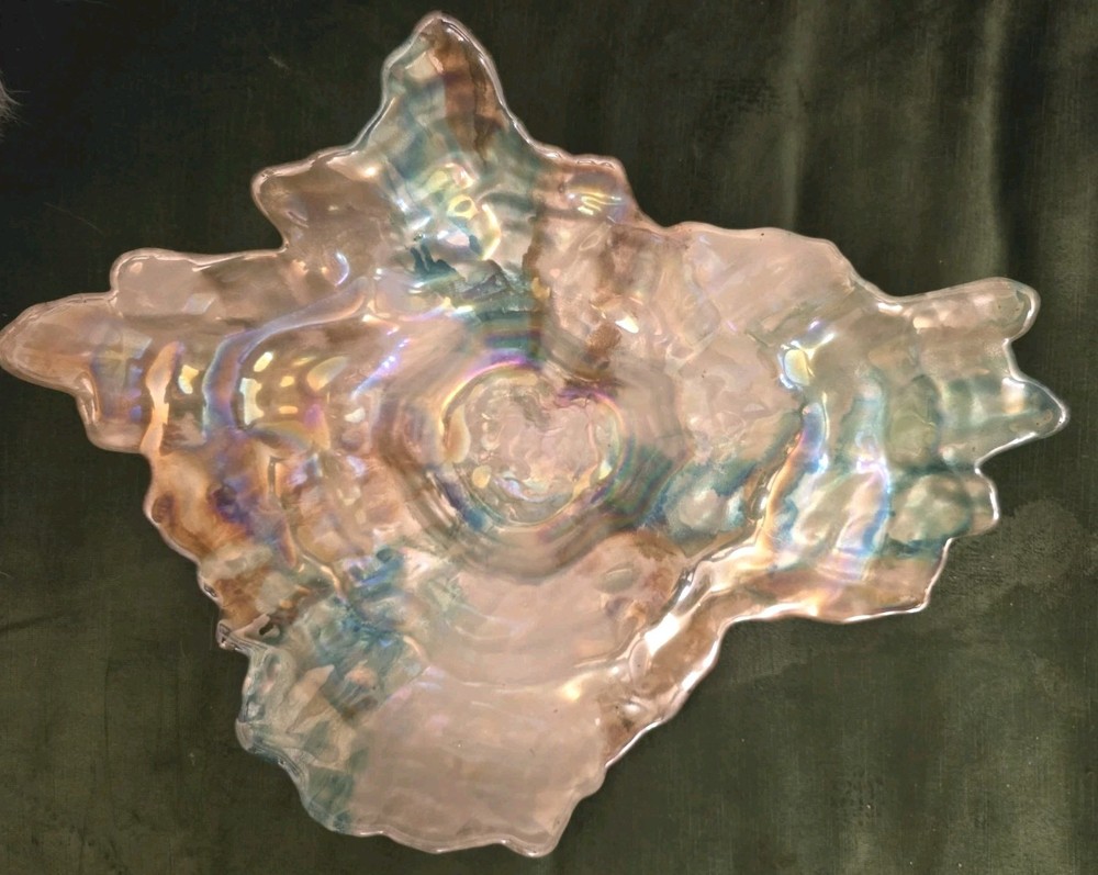 Arda Glassware Silver Oyster Clam 18 inch Bowl Handmade Turkey Blue Iridescent