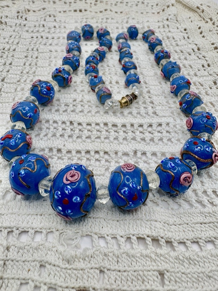 Vintage Venetian Murano Wedding Cake Fiorato Blue Trailed Bead Necklace 17”