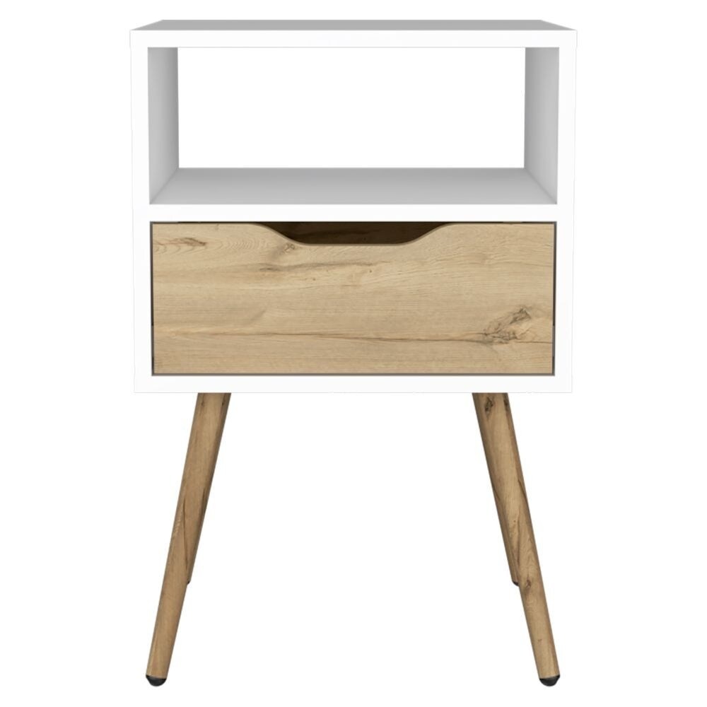 Modern White & Light Oak Nightstand for Bedroom Storage