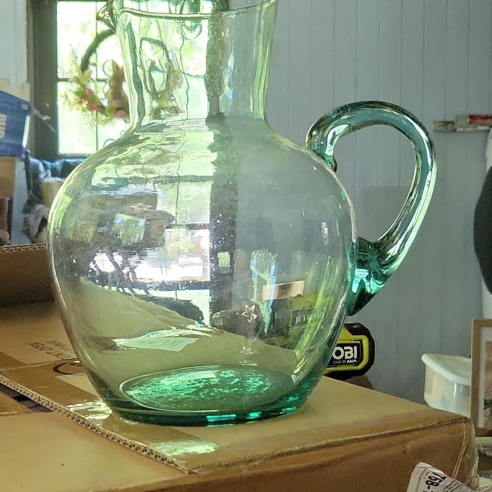 Green Hand Blown Glass Pitcher Glossy Round with Handle
