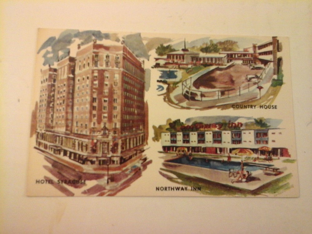 Vtg 1950's - 60's Chrome Postcard HOTEL SYRACUSE, NORTHWAY INN, COUNTRY HOUSE NY