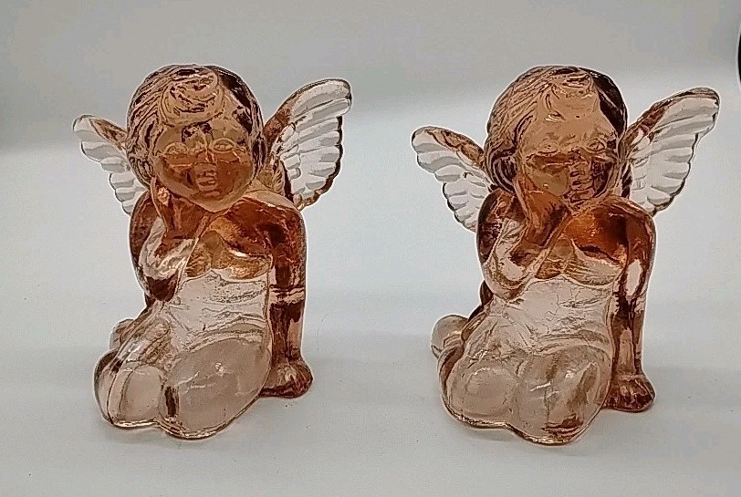 Vintage Pressed Pink Glass Sitting Cherub Angel Candlestick Holders-Set of 2