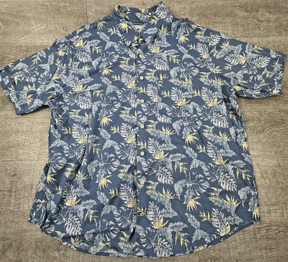 IZOD Saltwater Men's 2XLT Short Sleeve Button Up Shirt Blue Tropical Floral