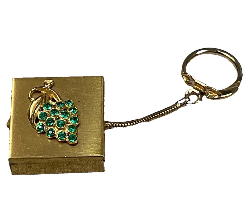 Vintage Gold Tone Pill Box Key Chain/Ring With Green Rhinestone Grape Design