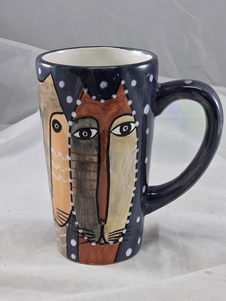 Vintage Laurel Burch Latte Coffee Mug 1997 Tribel Cat Collection, Hand Painted