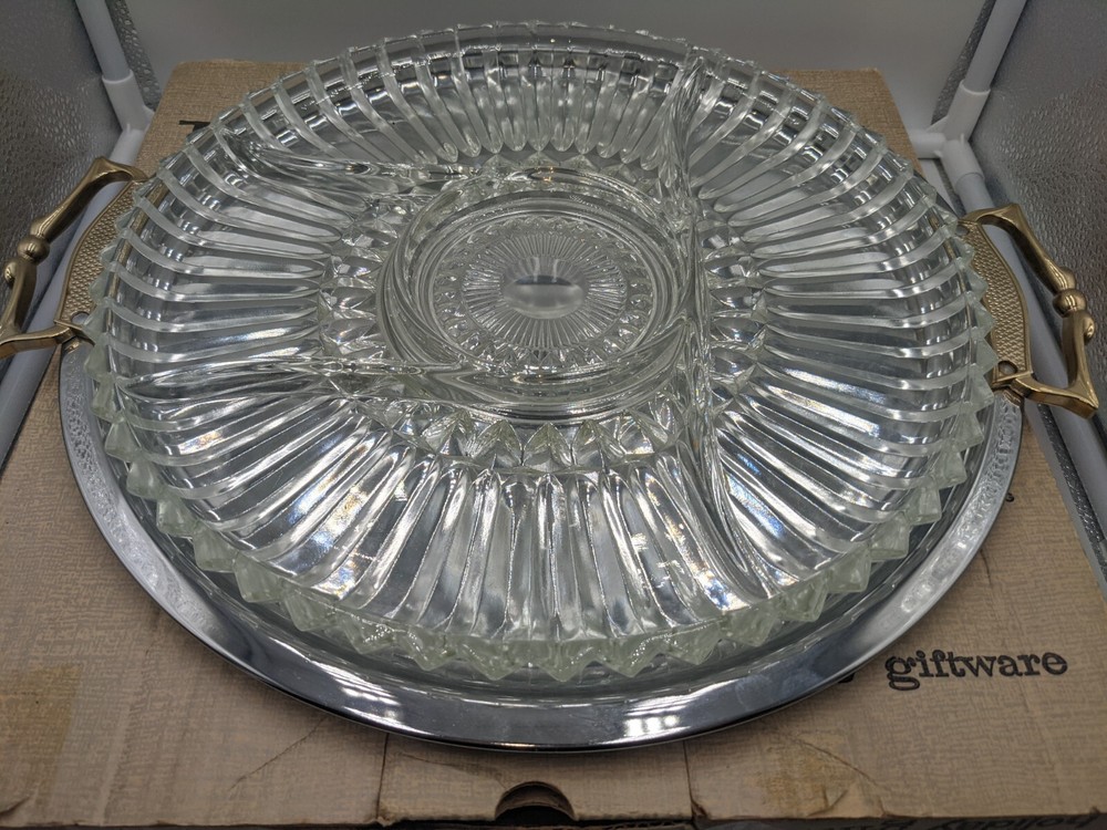 Vintage Kromex Chrome & Glass Divided Relish Tray with Original Box