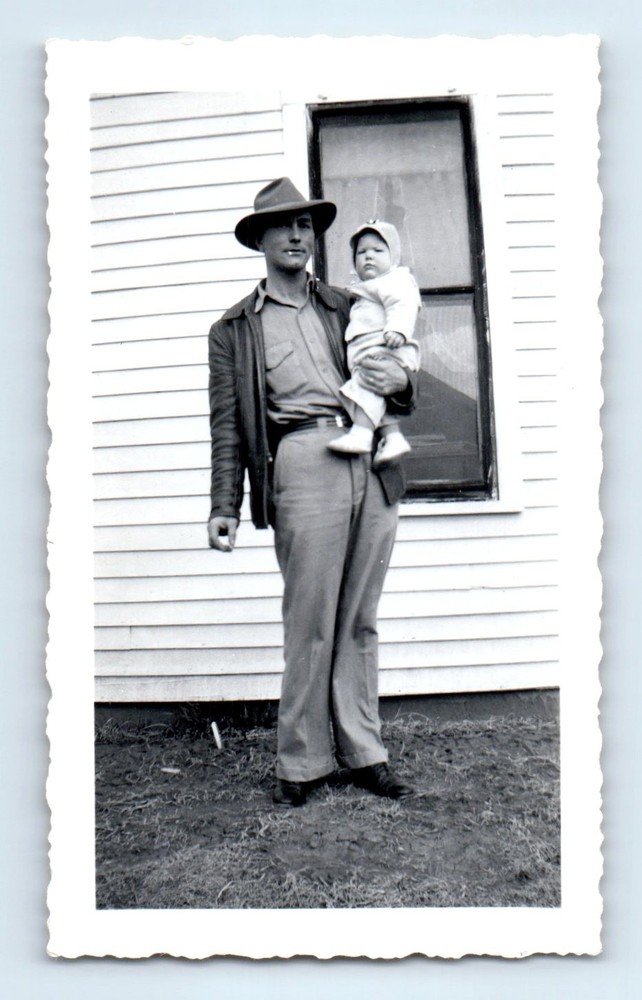 Old Vintage Photo MAN WITH COAT HAT HOLDING BABY OUTSIDE HOUSE SNAPSHOT