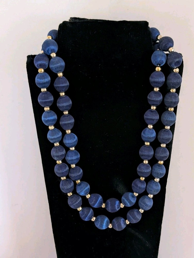 Long Vintage Blue Beads Silk Thread Wrapped Necklace With Gold Tone Spacers 28