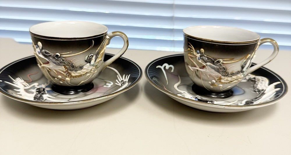 Vintage DRAGON Ware Black Moriage Tea Cup and Saucer Set Of 2 Giesha Girl RARE
