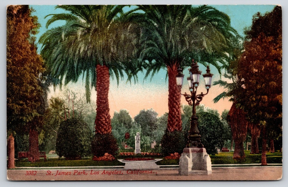 Los Angeles California~St James Park~Lamp~Statue~Palm Trees~Bench~c1910 Postcard