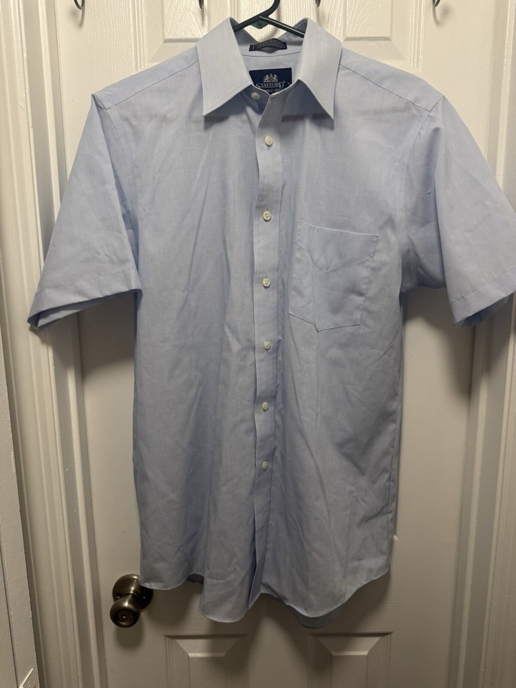 Stafford Shirt Men's Size 15 Light Blue Wrinkle Free Short Sleeve Button Down