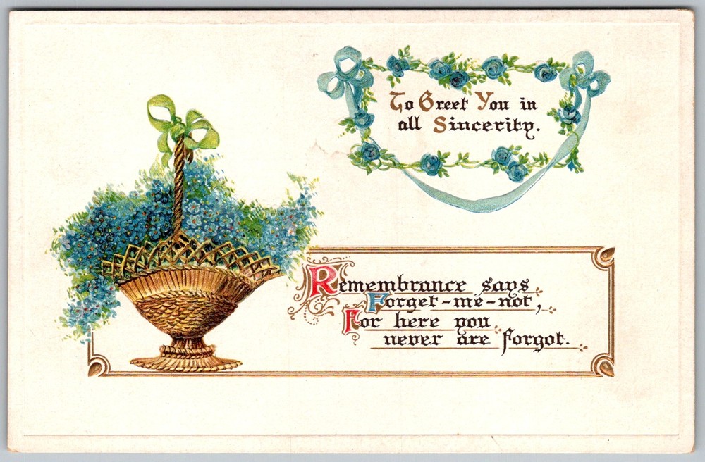 Antique Postcard Forget-me-not Floral Basket 1910s