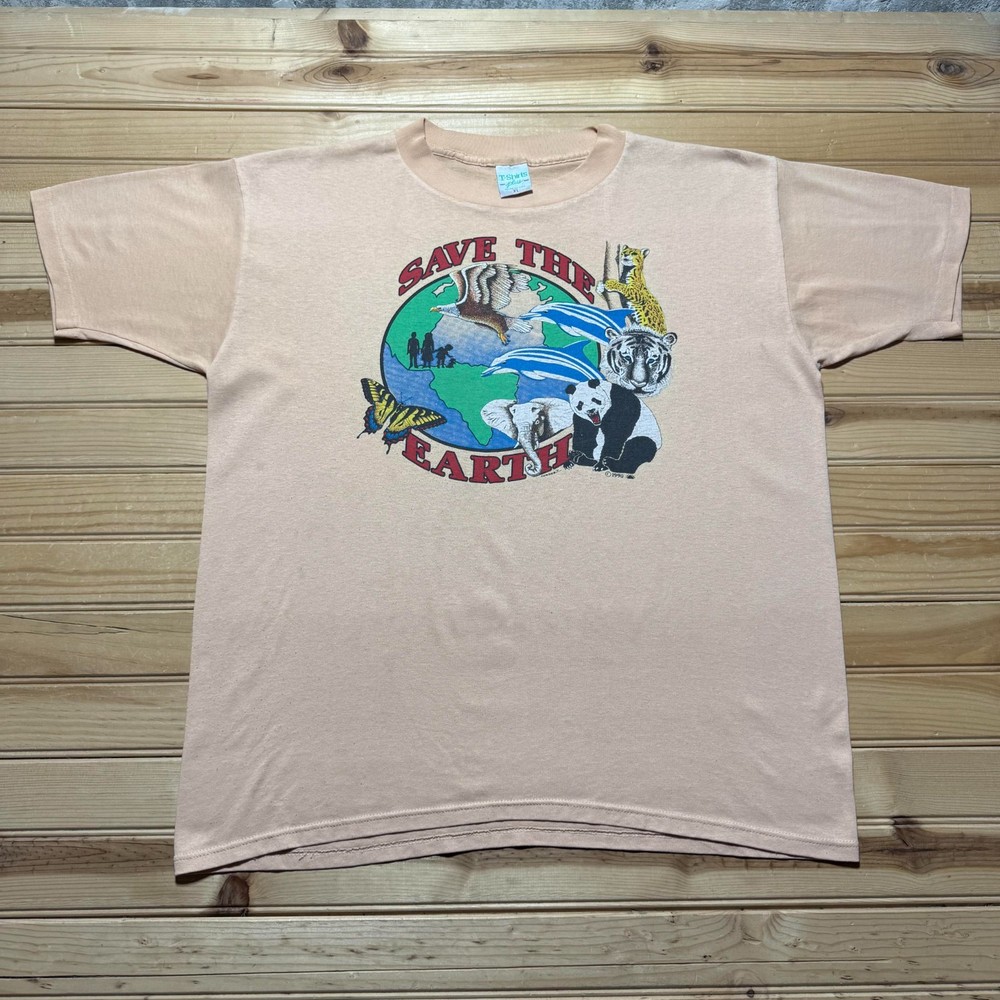Vintage 1990 Save The Earth Nature Animals Wildlife Human Graphic T-Shirt USA XL