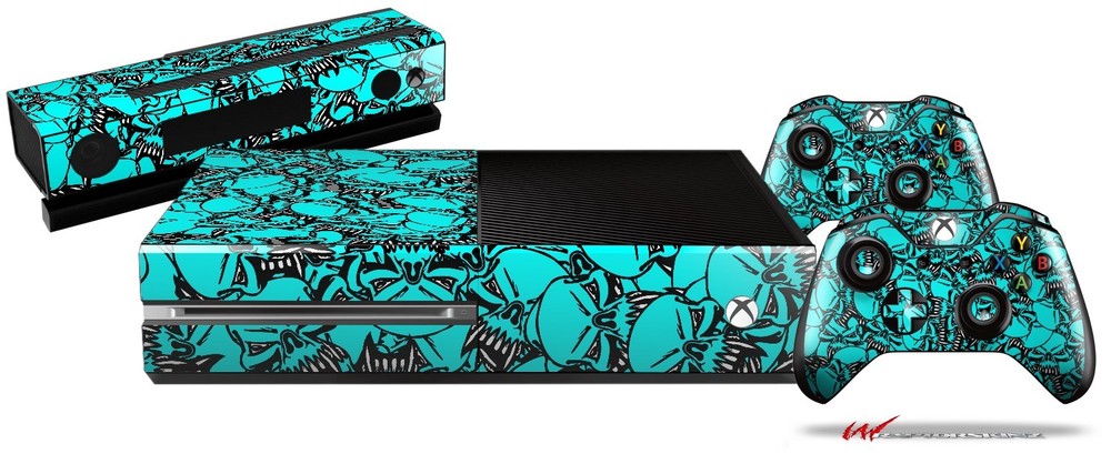 Scattered Skulls Neon Teal Skin Set fits XBOX One Console Controllers