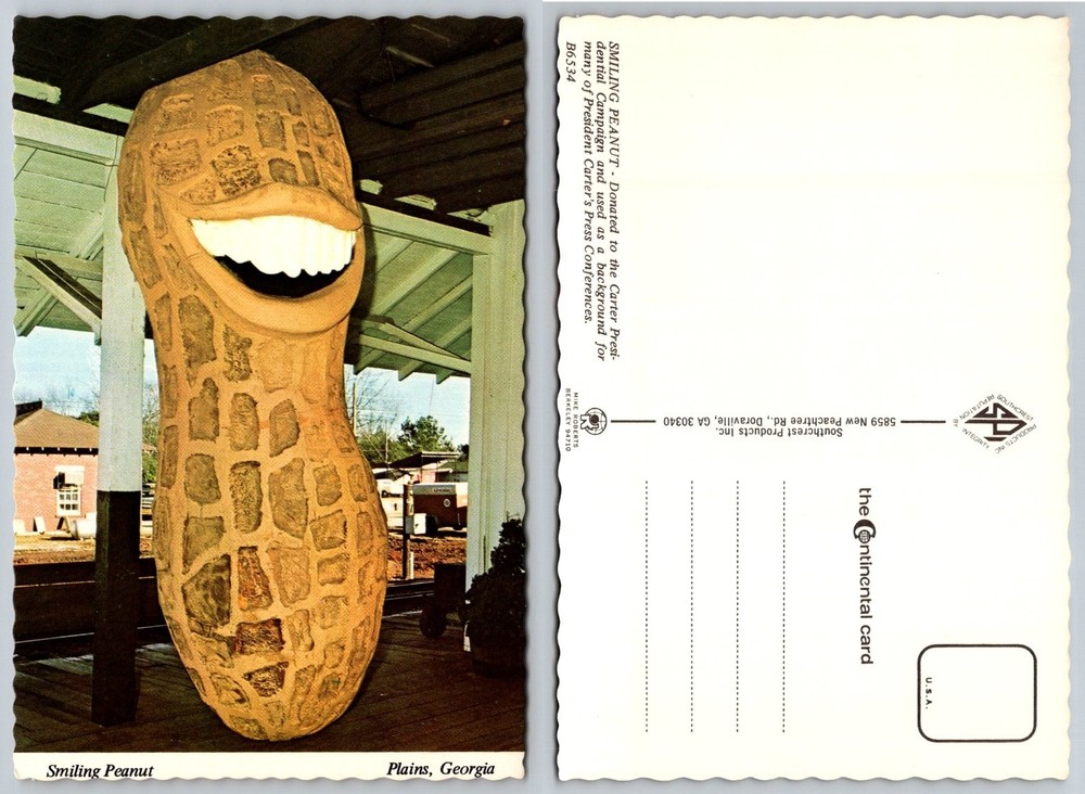 Plains GA Smiling Peanut Statue Postcard Jimmy Carter Presidential Campaign