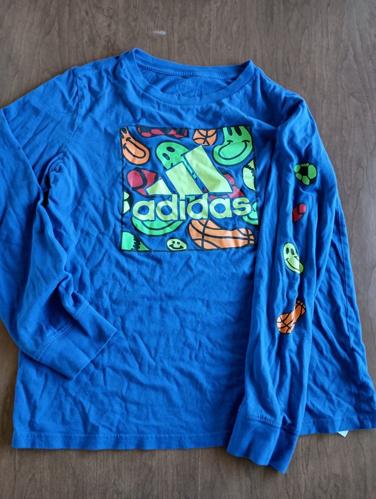 Adidas Boys Blue Smiley Graphic Long Sleeve Shirt Size Large 14/16