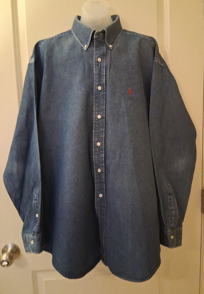 Vintage Polo Ralph Lauren Blaire Denim Button Down Shirt Men's XL Red Pony