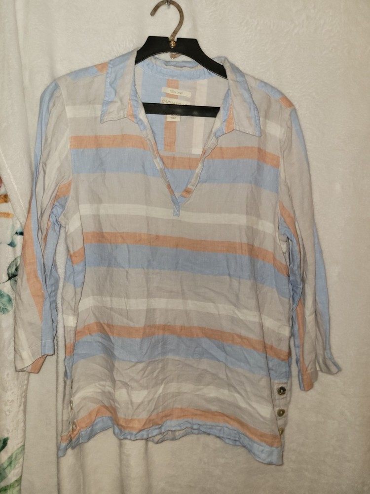 Cynthia Rowley Women's L Blue White Orange Striped  Collared Blouse 100% linen