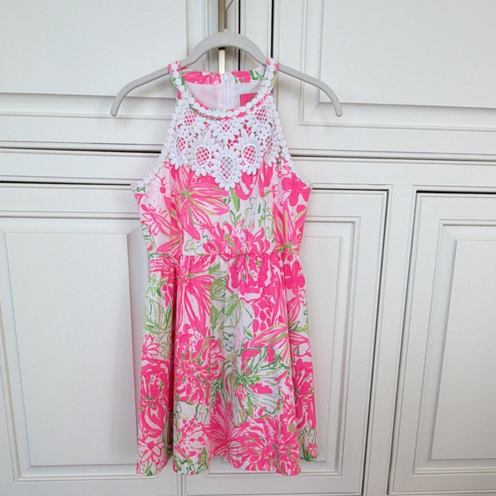 Lilly Pulitzer Girls A-Line Dress Size 14 Pink Green Floral Lace Sleeveless