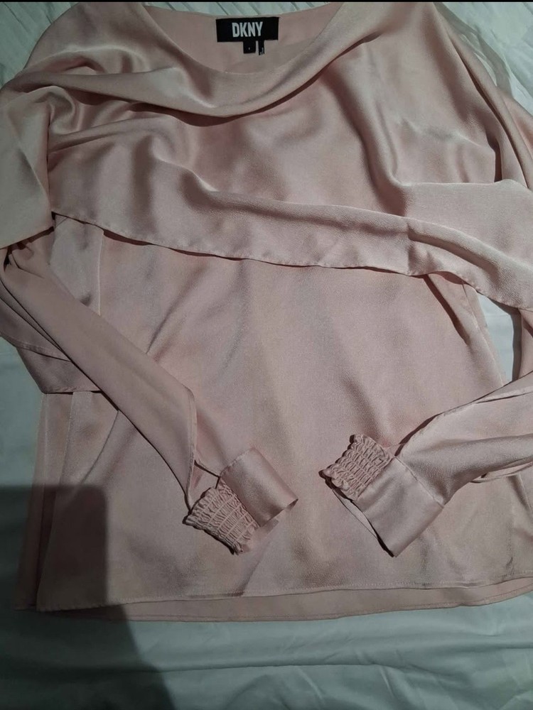 DKNY Pink Satin Cowl Neck Long Sleeve Pullover Blouse Smocked Accent S