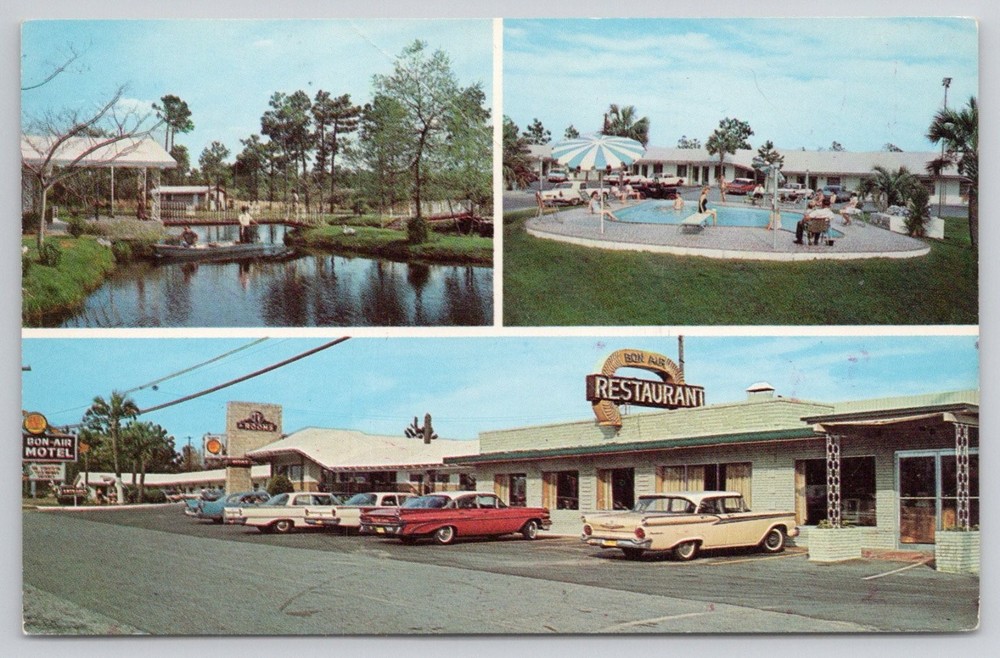 Vintage Bon-Air Motel Jesup Georgia Chrome Postcard 1950s Swimming Pool Lake