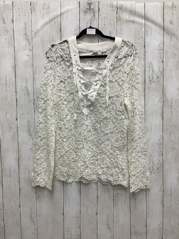 Boston Proper White Lace Blouse Lace-Up Neckline & Bell Sleeves Large 0428-20