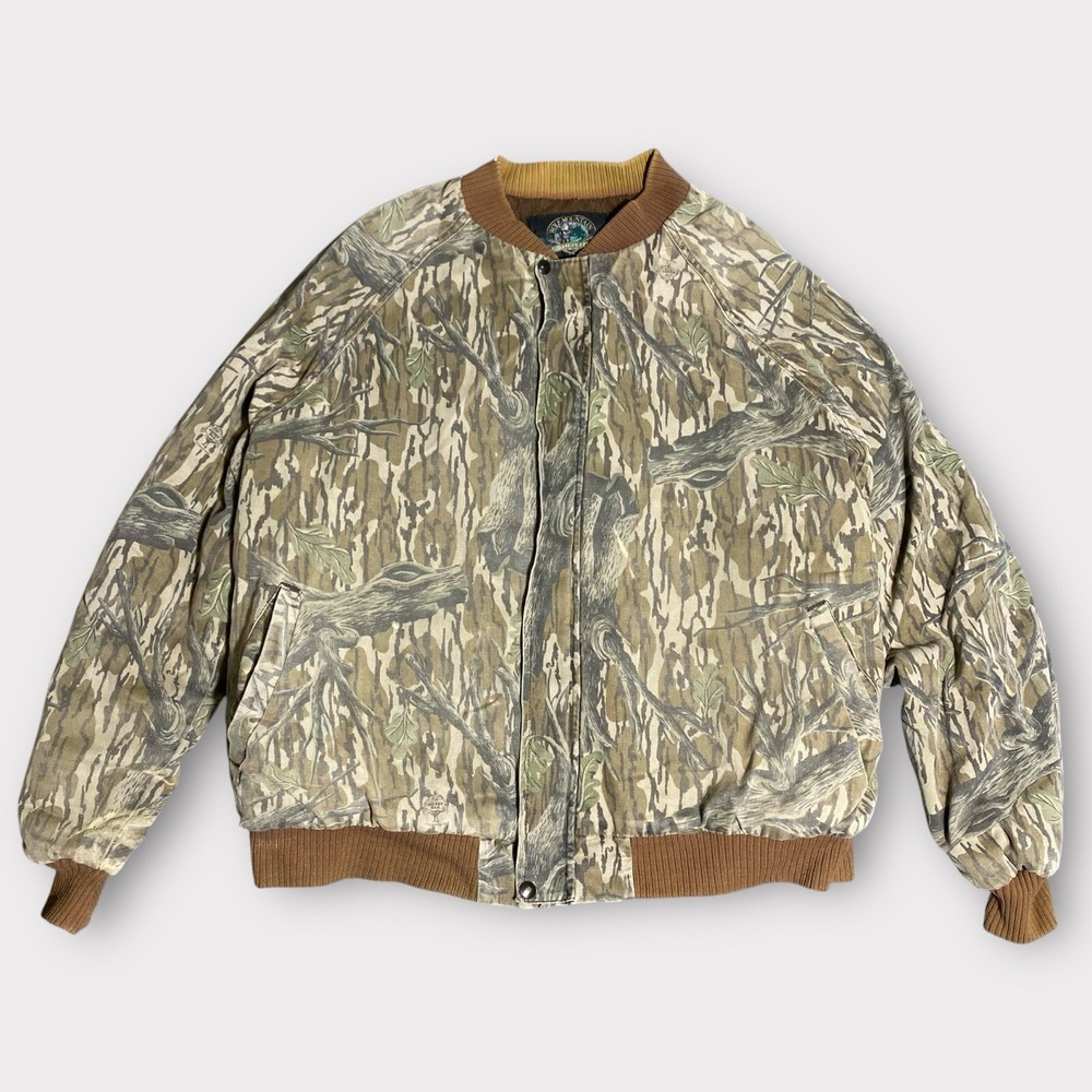 Vintage 90’s Mossy Oak Camo Bomber Jacket 2XL Wolf Mountain Outdoors Tree Stand