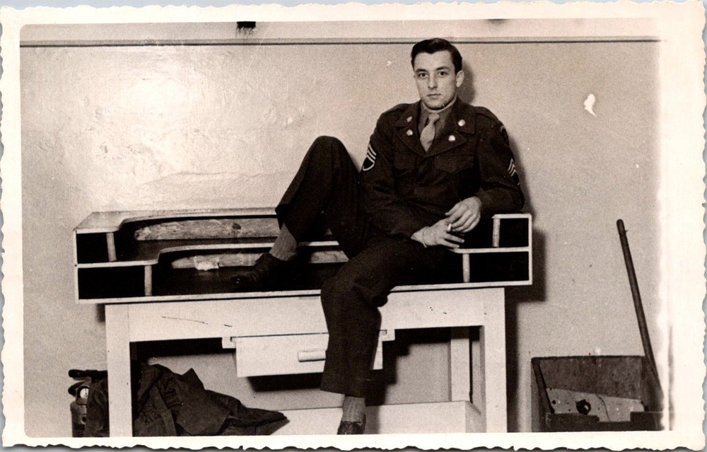 Vintage Military Postcard of Sergeant in Uniform Relaxing at Desk