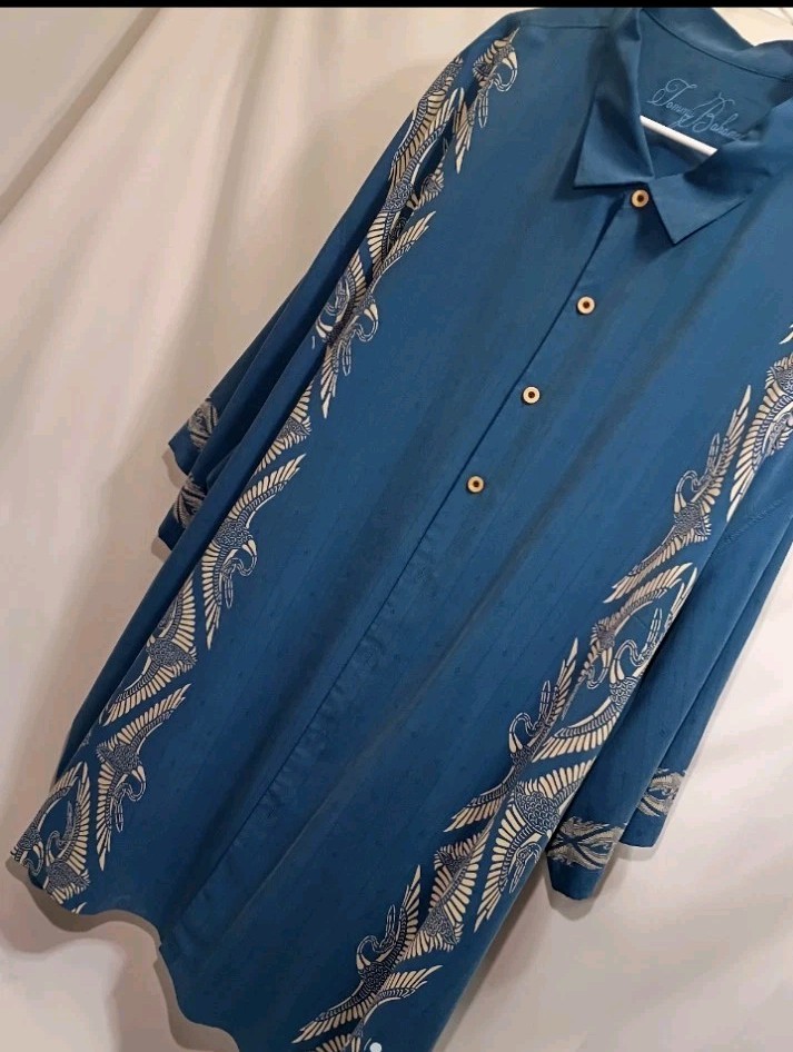 Tommy Bahama Mens Blue Beige Silk Bird Print ButtonUp Short Sleeve Shirt 5XB