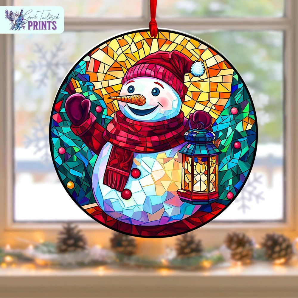 Snowman With Lantern Acrylic Window Hanging Winter Decor Holiday Suncatcher