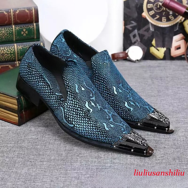 Mens Leather Formal Loafers Shoes Slip on Dress Metal Pointy Toe Wedding New