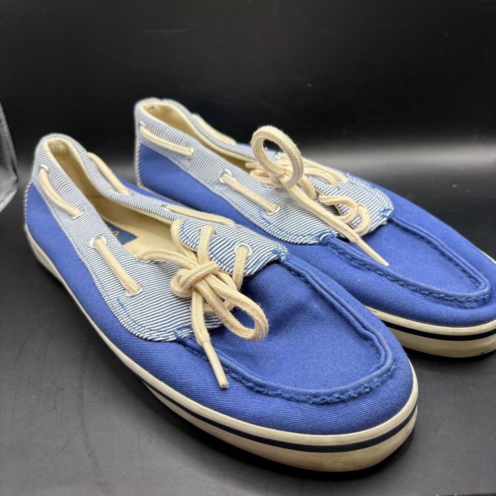 VTG Polo Ralph Lauren Boat Shoes Blue Canvas Loafers Striped Trim Size