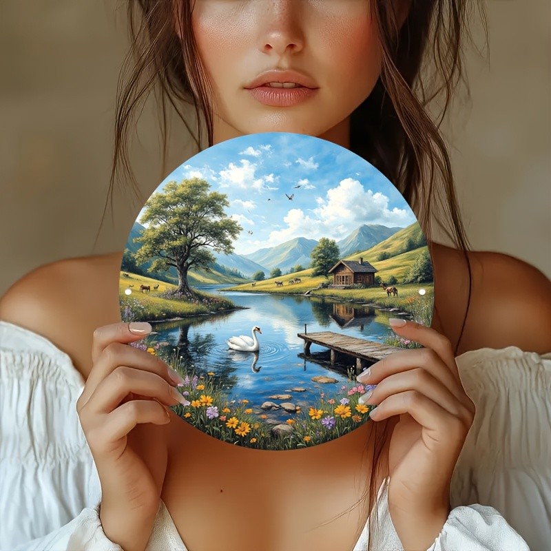 Swan Lake Mountain Scenery Round Aluminum Wall Art